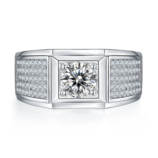 925 Sterling Silver Men's Moissanite Ring - Diamond-Simulated Wedding Band (White Gold Plated)