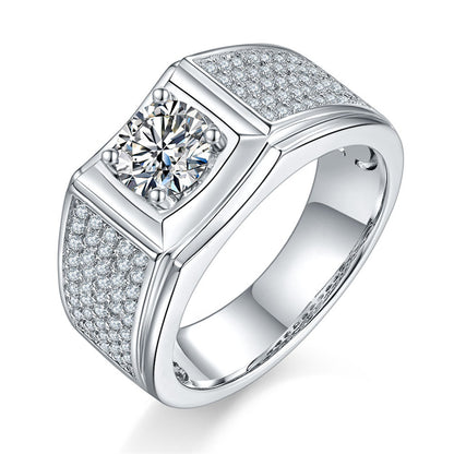 925 Sterling Silver Men's Moissanite Ring - Diamond-Simulated Wedding Band (White Gold Plated)