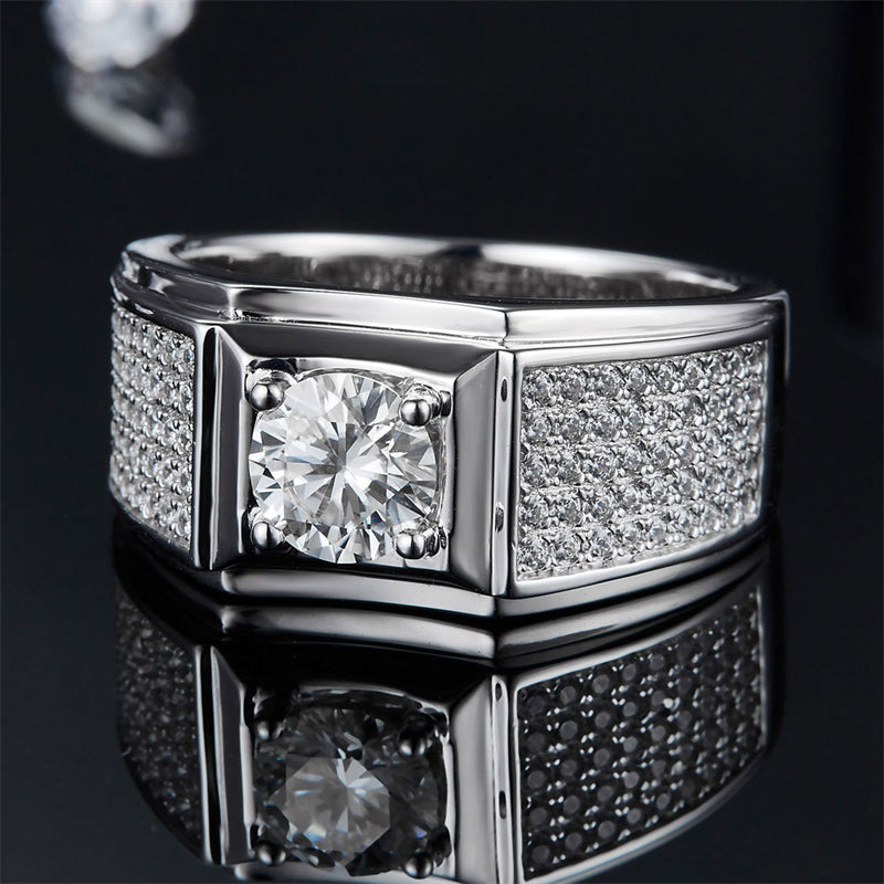 925 Sterling Silver Men's Moissanite Ring - Diamond-Simulated Wedding Band (White Gold Plated)