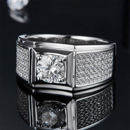 925 Sterling Silver Men's Moissanite Ring - Diamond-Simulated Wedding Band (White Gold Plated)