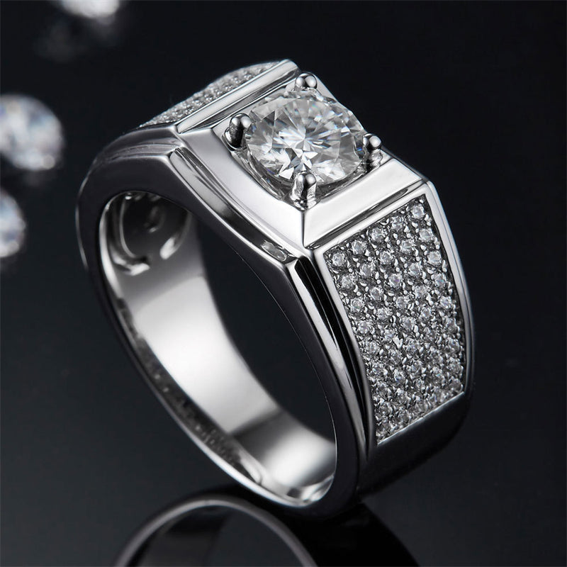 925 Sterling Silver Men's Moissanite Ring - Diamond-Simulated Wedding Band (White Gold Plated)