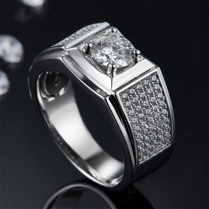 925 Sterling Silver Men's Moissanite Ring - Diamond-Simulated Wedding Band (White Gold Plated)