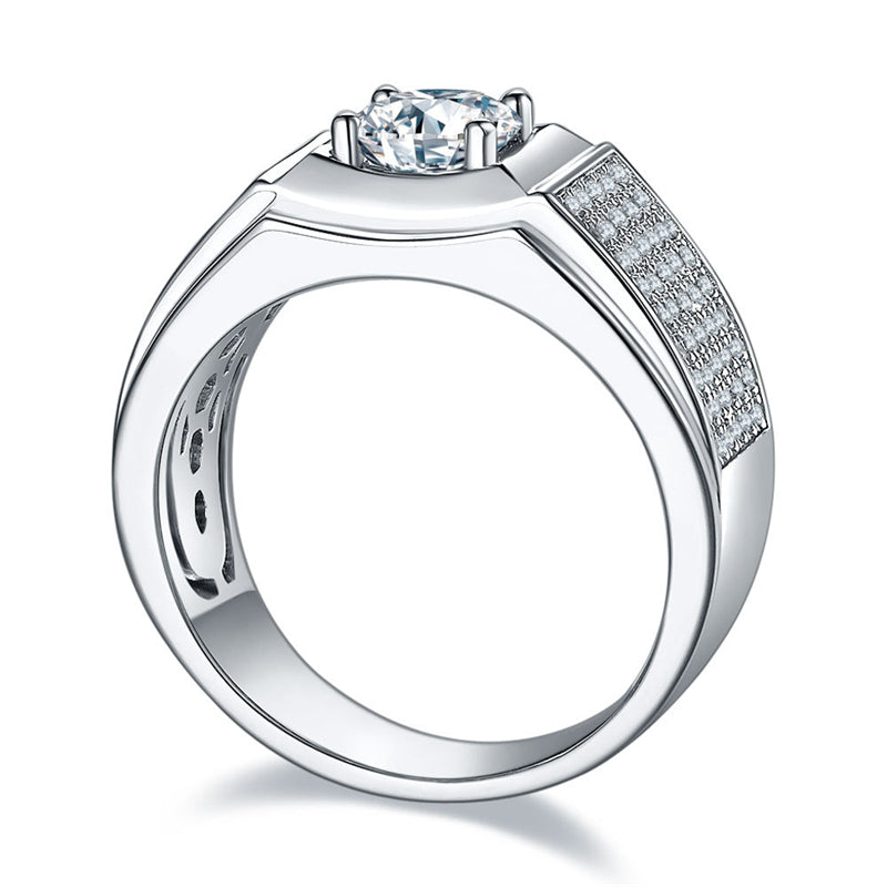 925 Sterling Silver Men's Moissanite Ring - Diamond-Simulated Wedding Band (White Gold Plated)
