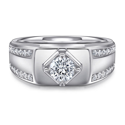 925 Sterling Silver Men's Solitaire Ring - Classic Round Cut Zircon Wedding Band