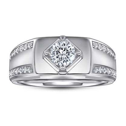 925 Sterling Silver Men's Solitaire Ring - Classic Round Cut Zircon Wedding Band