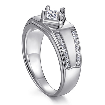 925 Sterling Silver Men's Solitaire Ring - Classic Round Cut Zircon Wedding Band