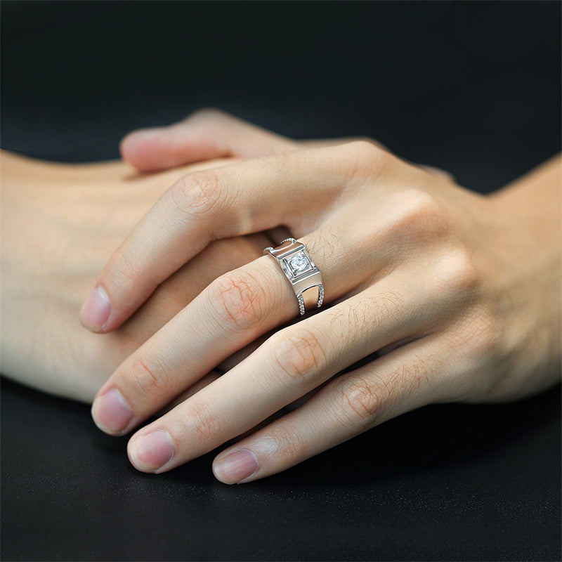 925 Sterling Silver Men's Statement Ring - Premium Geometric Design with Zircon Accents
