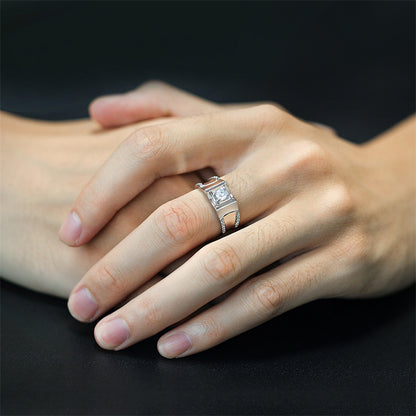 925 Sterling Silver Men's Statement Ring - Premium Geometric Design with Zircon Accents
