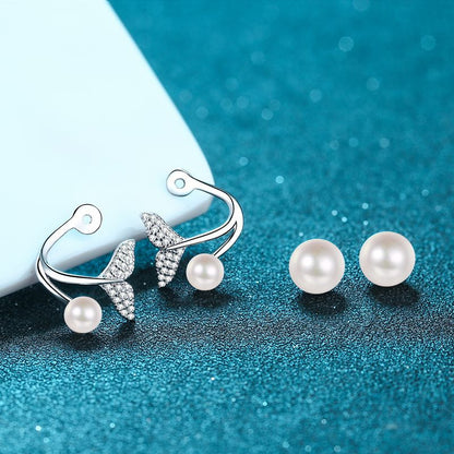 925 Sterling Silver Mermaid Tail Convertible Earrings - 0.24ct Moissanite & Freshwater Pearls