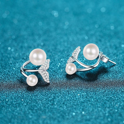 925 Sterling Silver Mermaid Tail Convertible Earrings - 0.24ct Moissanite & Freshwater Pearls