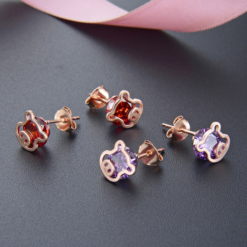 925 Sterling Silver Minimalist Animal Stud Earrings-Purple & Red Cubic Zirconia, Geometric Design, with Plastic Ear Stoppers