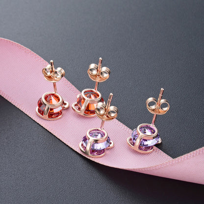 925 Sterling Silver Minimalist Animal Stud Earrings-Purple & Red Cubic Zirconia, Geometric Design, with Plastic Ear Stoppers