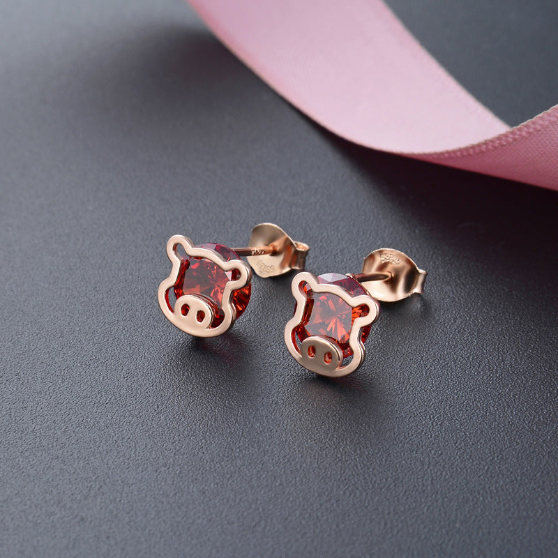 925 Sterling Silver Minimalist Animal Stud Earrings-Purple & Red Cubic Zirconia, Geometric Design, with Plastic Ear Stoppers