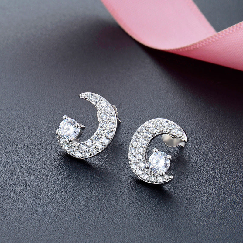 925 Sterling Silver Moon CZ Stud Earrings - Korean Geometric Celestial Earrings with Plastic Backs