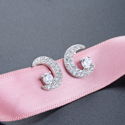925 Sterling Silver Moon CZ Stud Earrings - Korean Geometric Celestial Earrings with Plastic Backs