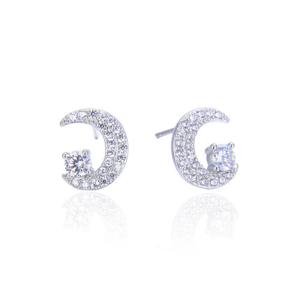 925 Sterling Silver Moon CZ Stud Earrings - Korean Geometric Celestial Earrings with Plastic Backs