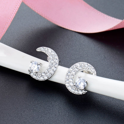 925 Sterling Silver Moon CZ Stud Earrings - Korean Geometric Celestial Earrings with Plastic Backs