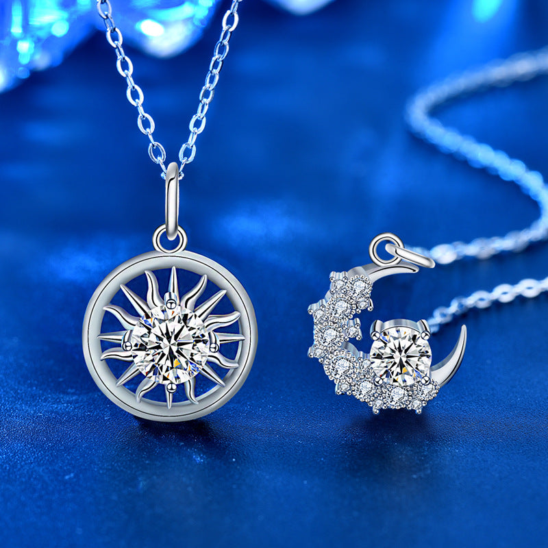 925 Sterling Silver Moon Couple Pendant Necklace Set Men's 1ct & Women's 0.5ct Moissanite Cross Chain Elegant Matching Jewelry