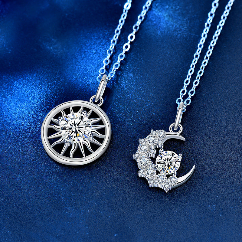 925 Sterling Silver Moon Couple Pendant Necklace Set Men's 1ct & Women's 0.5ct Moissanite Cross Chain Elegant Matching Jewelry
