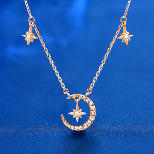 925 Sterling Silver Moon & Star Pendant Necklace - Rose Gold or White Gold Plated Zirconia Cross Chain Boho Jewelry
