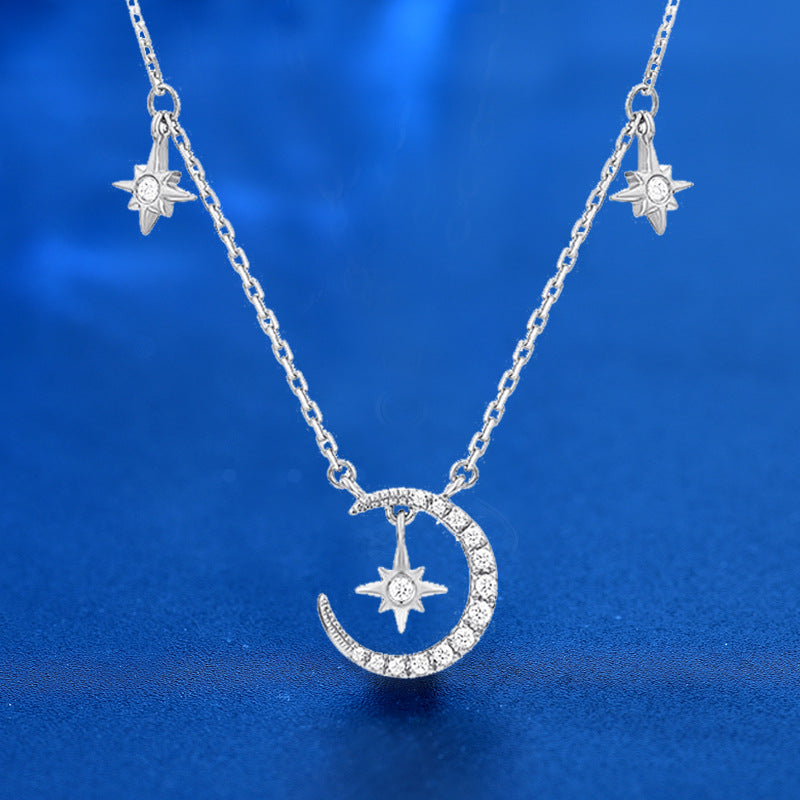 925 Sterling Silver Moon & Star Pendant Necklace - Rose Gold or White Gold Plated Zirconia Cross Chain Boho Jewelry