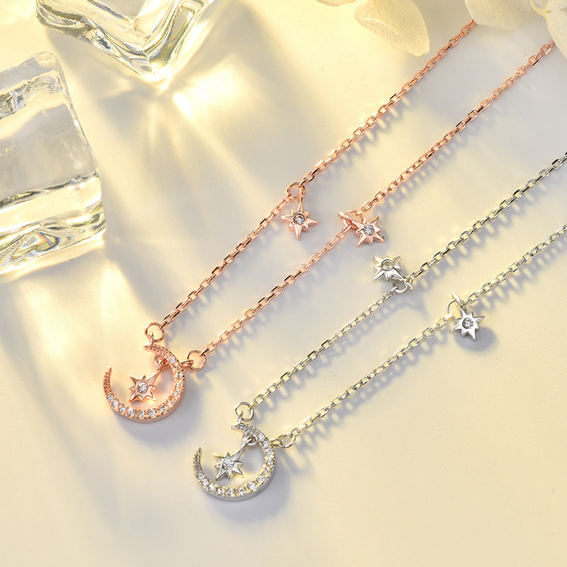 925 Sterling Silver Moon & Star Pendant Necklace - Rose Gold or White Gold Plated Zirconia Cross Chain Boho Jewelry