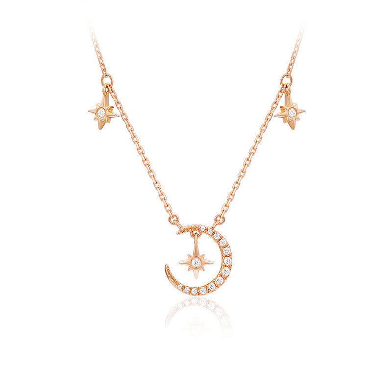 925 Sterling Silver Moon & Star Pendant Necklace - Rose Gold or White Gold Plated Zirconia Cross Chain Boho Jewelry