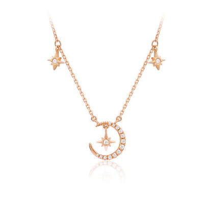 925 Sterling Silver Moon & Star Pendant Necklace - Rose Gold or White Gold Plated Zirconia Cross Chain Boho Jewelry