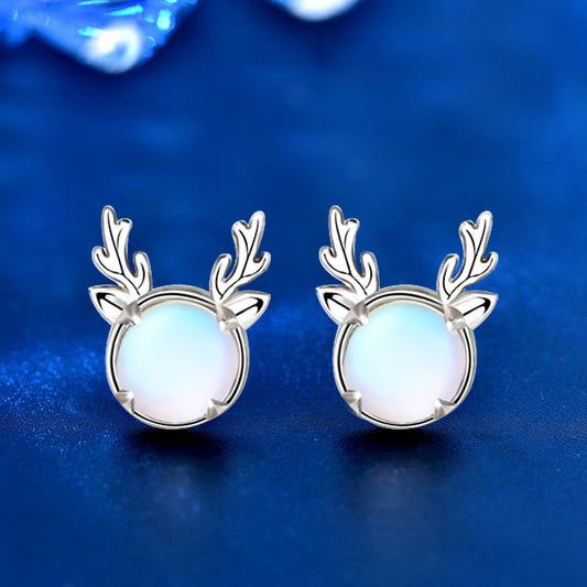 925 Sterling Silver Moonstone Deer Stud Earrings Cute Animal Jewelry for Women
