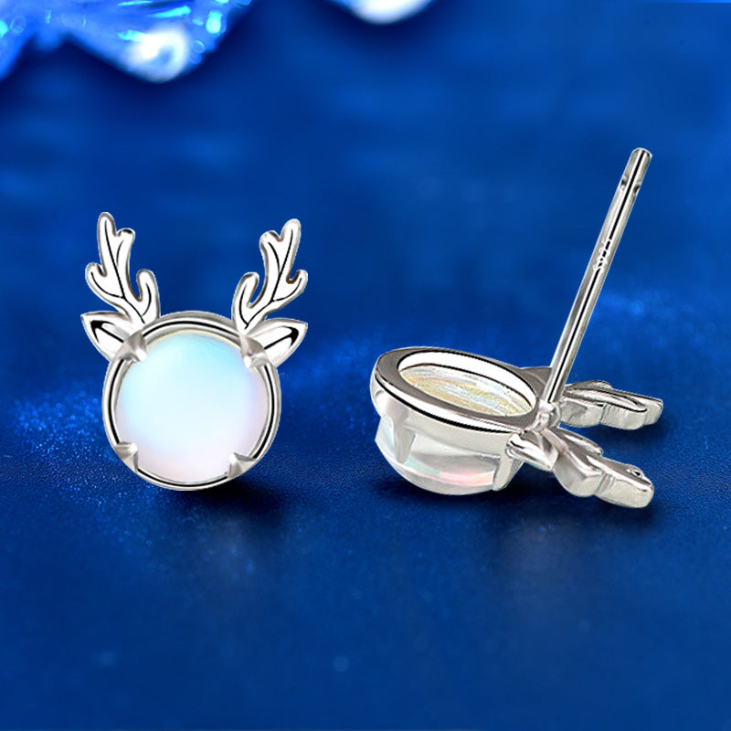 925 Sterling Silver Moonstone Deer Stud Earrings Cute Animal Jewelry for Women