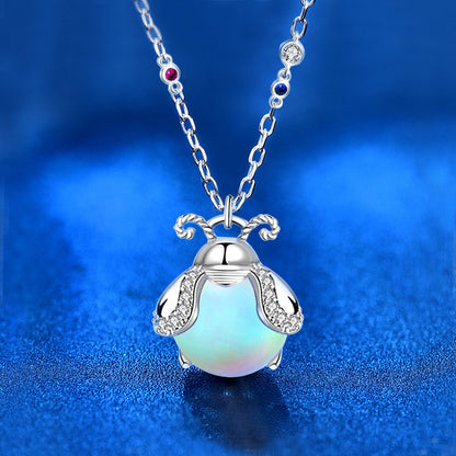 925 Sterling Silver Moonstone Pendant Necklace - Firefly Moonstone in Diamond White/Pink, Cross Chain, 16-20 Inch, Forest Style Jewelry for Women