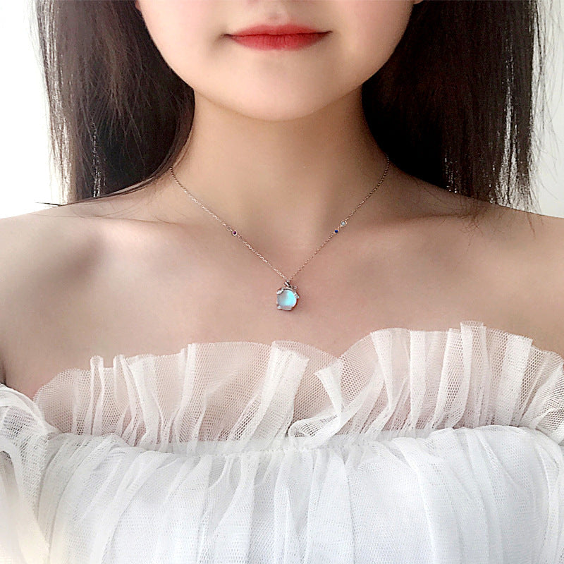 925 Sterling Silver Moonstone Pendant Necklace - Firefly Moonstone in Diamond White/Pink, Cross Chain, 16-20 Inch, Forest Style Jewelry for Women