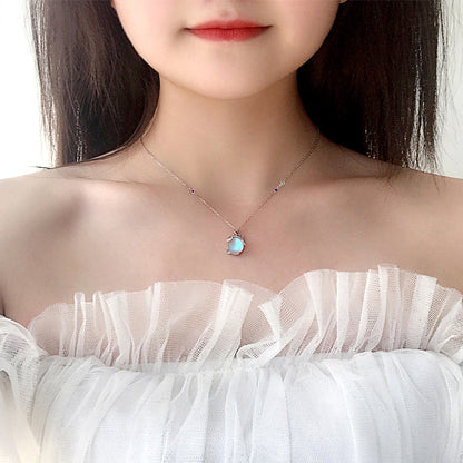 925 Sterling Silver Moonstone Pendant Necklace - Firefly Moonstone in Diamond White/Pink, Cross Chain, 16-20 Inch, Forest Style Jewelry for Women
