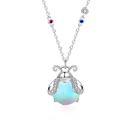 925 Sterling Silver Moonstone Pendant Necklace - Firefly Moonstone in Diamond White/Pink, Cross Chain, 16-20 Inch, Forest Style Jewelry for Women