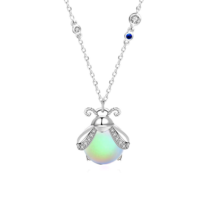 925 Sterling Silver Moonstone Pendant Necklace - Firefly Moonstone in Diamond White/Pink, Cross Chain, 16-20 Inch, Forest Style Jewelry for Women