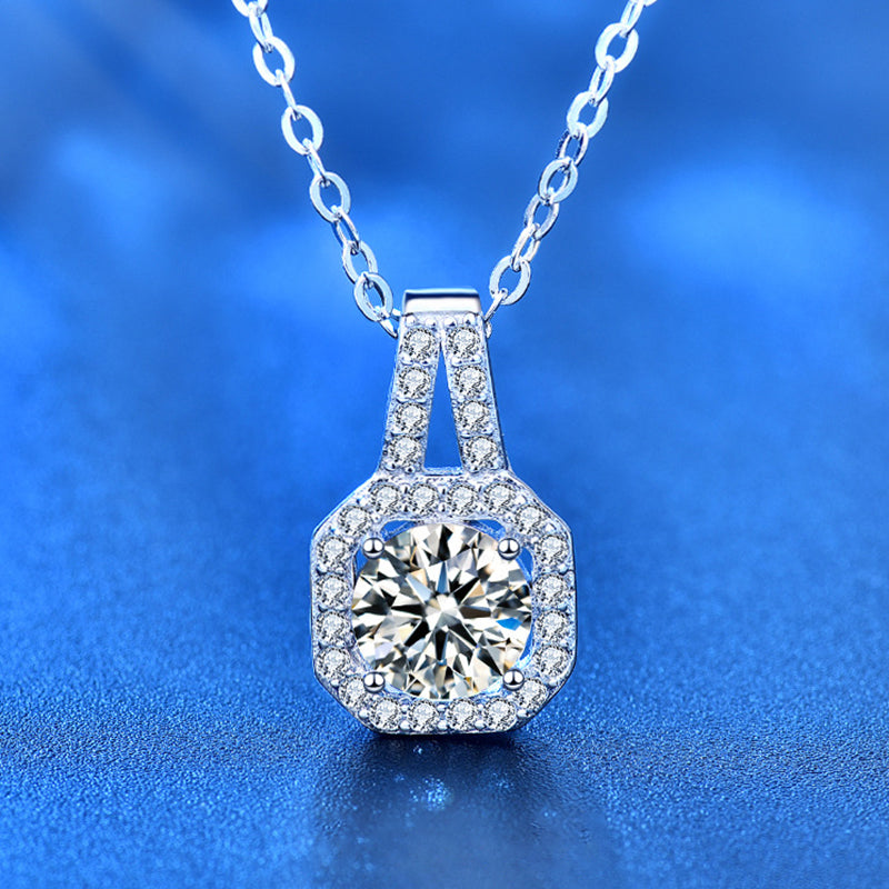 925 Sterling Silver Octagonal Pendant Necklace with 1ct or 2ct Moissanite Cross Chain Women's Versatile Jewelry