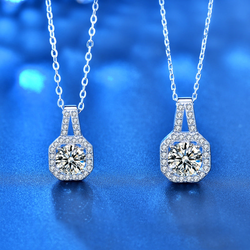 925 Sterling Silver Octagonal Pendant Necklace with 1ct or 2ct Moissanite Cross Chain Women's Versatile Jewelry