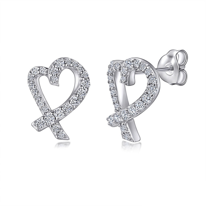 925 Sterling Silver Openwork Heart & Bow Stud Earrings – Korean-Style Zircon Jewelry