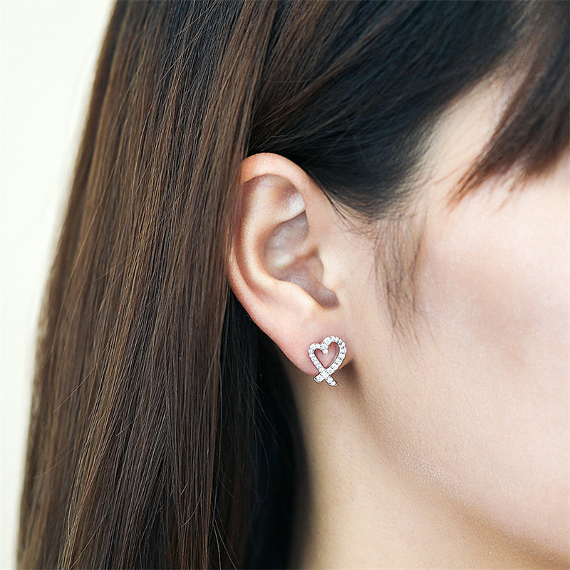 925 Sterling Silver Openwork Heart & Bow Stud Earrings – Korean-Style Zircon Jewelry