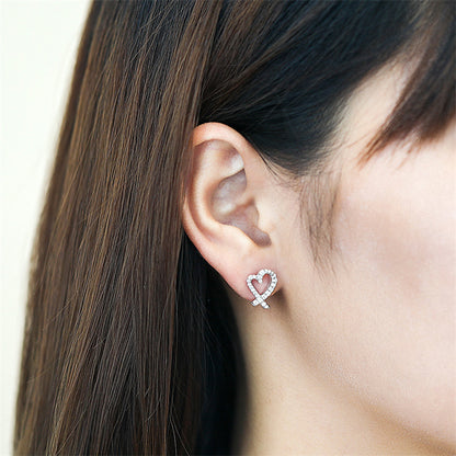 925 Sterling Silver Openwork Heart & Bow Stud Earrings – Korean-Style Zircon Jewelry