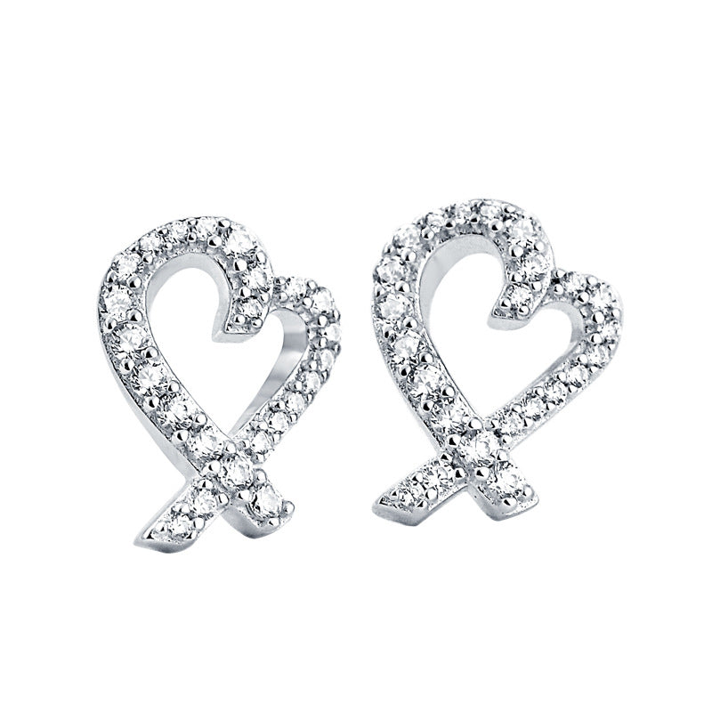 925 Sterling Silver Openwork Heart & Bow Stud Earrings – Korean-Style Zircon Jewelry