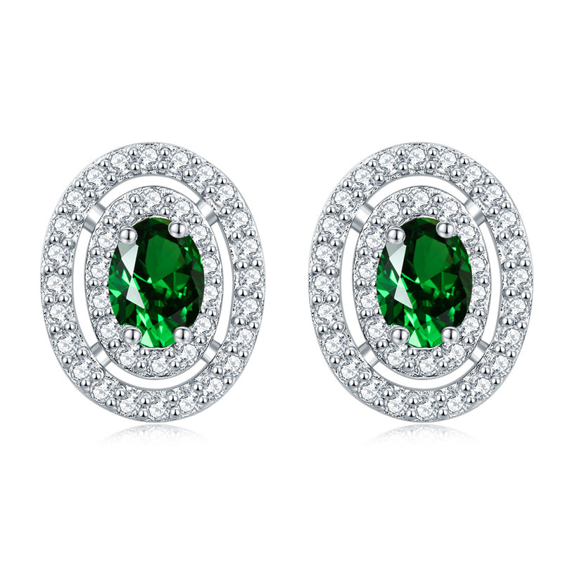 925 Sterling Silver Oval Full-Pavé Zircon Stud Earrings – Elegant Birthstone Jewelry Collection