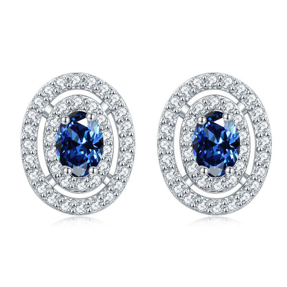 925 Sterling Silver Oval Full-Pavé Zircon Stud Earrings – Elegant Birthstone Jewelry Collection