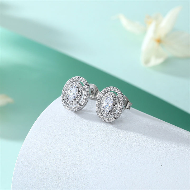 925 Sterling Silver Oval Full-Pavé Zircon Stud Earrings – Elegant Birthstone Jewelry Collection