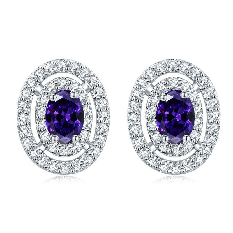 925 Sterling Silver Oval Full-Pavé Zircon Stud Earrings – Elegant Birthstone Jewelry Collection