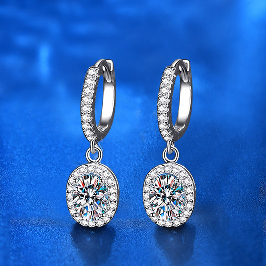925 Sterling Silver Oval Geometric Stud Earrings with 5x7mm Moissanite - White Gold Plated Chic Jewelry for Women