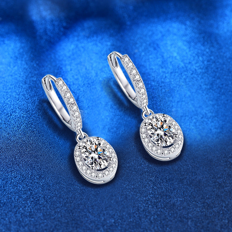 925 Sterling Silver Oval Geometric Stud Earrings with 5x7mm Moissanite - White Gold Plated Chic Jewelry for Women
