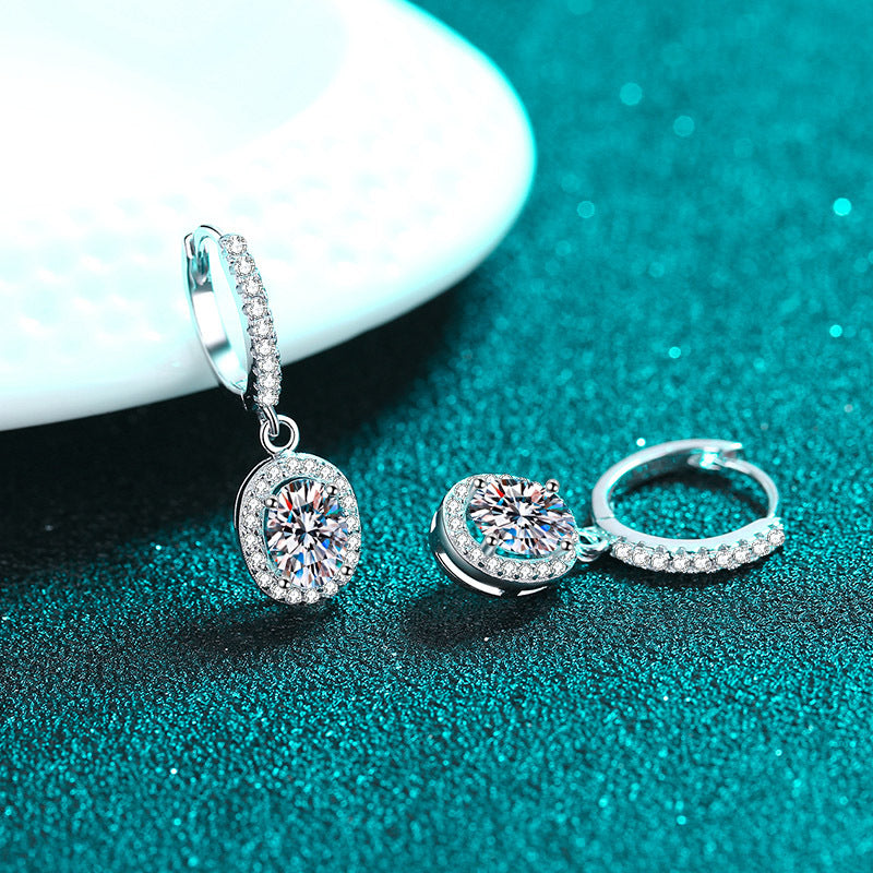 925 Sterling Silver Oval Moissanite Huggie Hoops - PT950 Gold Plated (2CT Total)
