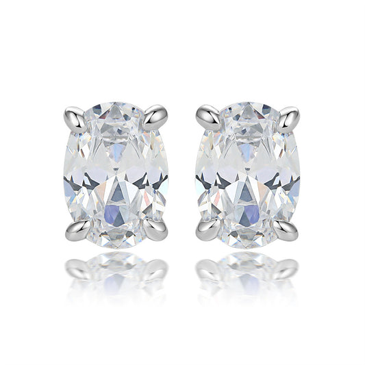 925 Sterling Silver Oval Zircon Stud Earrings – Minimalist Geometric Elegance