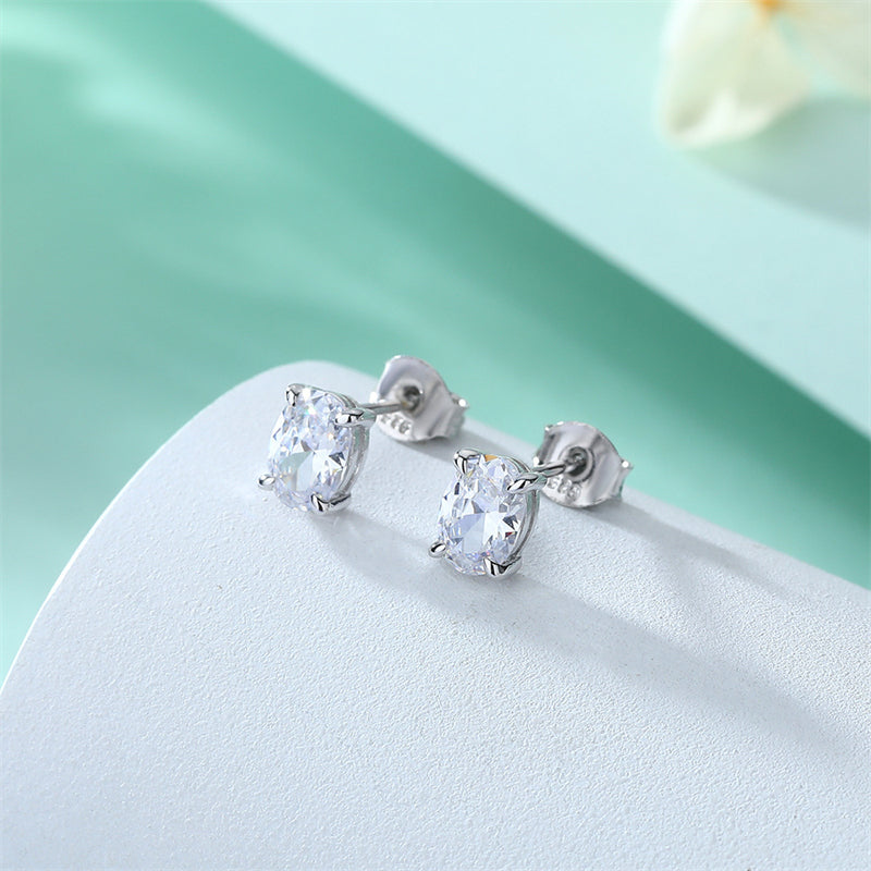925 Sterling Silver Oval Zircon Stud Earrings – Minimalist Geometric Elegance